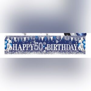 50th Birthday Banner 8.2-feet x 1.5-feet Royal Blue and Silver Happy 50 B-Day
